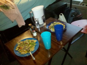 Our makeshift dorm room dining table and delicious meal